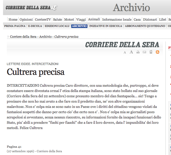 Corriere della Sera - Felice cultrera precisa (Articolo del 22 settembre 1996)