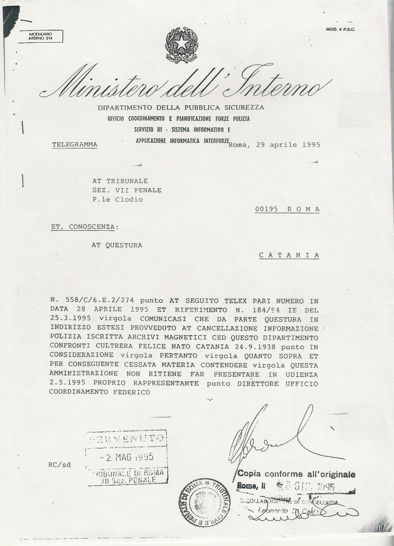 Ministero dell'interno - Italia - Felice Cultrera - Realtà